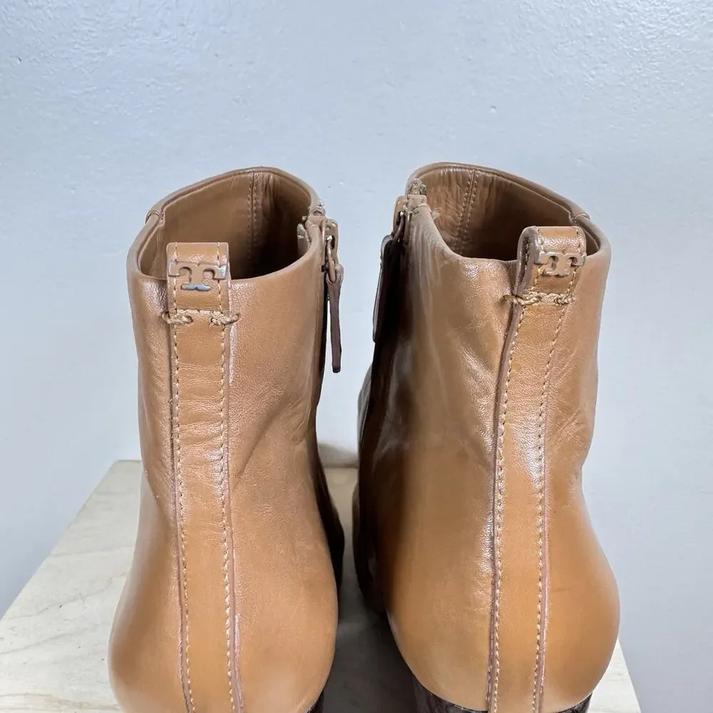Tory Burch Grove Leather 100mm Block-Heel Bootie Tan Brown Sz 11